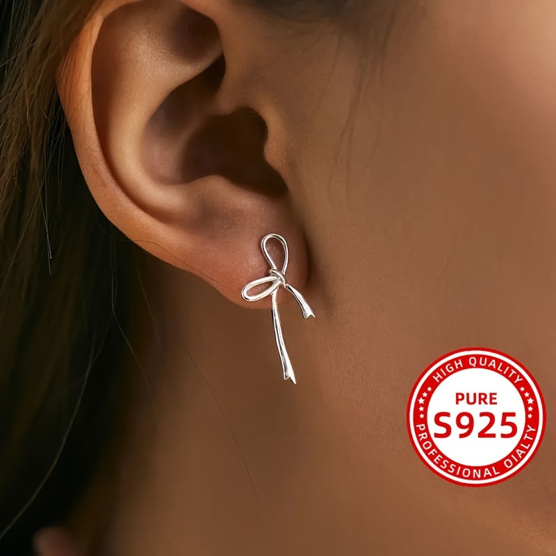

925 Sterling Silver Elegant Bowknot Design Stud Earrings, Hypoallergenic Fashion Jewelry, Sexy And Casual Style Accessories For Women Daily Wear