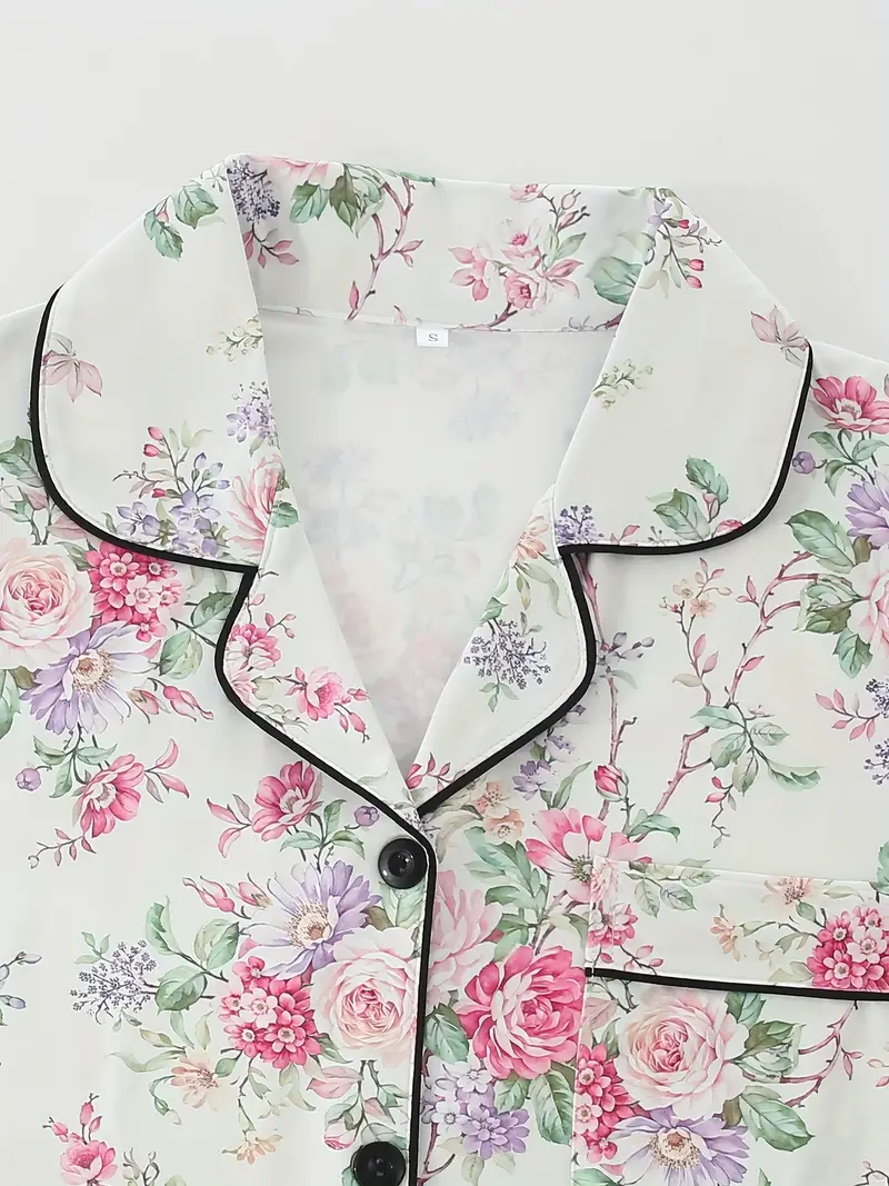 a floral pajama set featuring a short sleeve button up top elastic waist shorts and long pants suitable for year round wear casual womens sleepwear in Product details 4