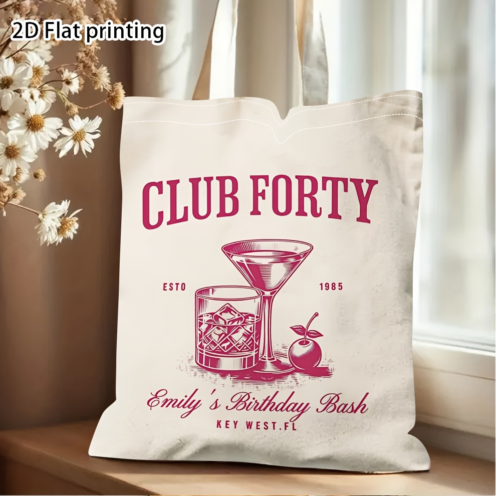 TEMU 1pc Custom "club " 40th Milestone Tote Bag, Pink & Cherry Print Shoulder Bag, Reusable Retro 40th Party Personalized Carry Tote, Stylish Adult