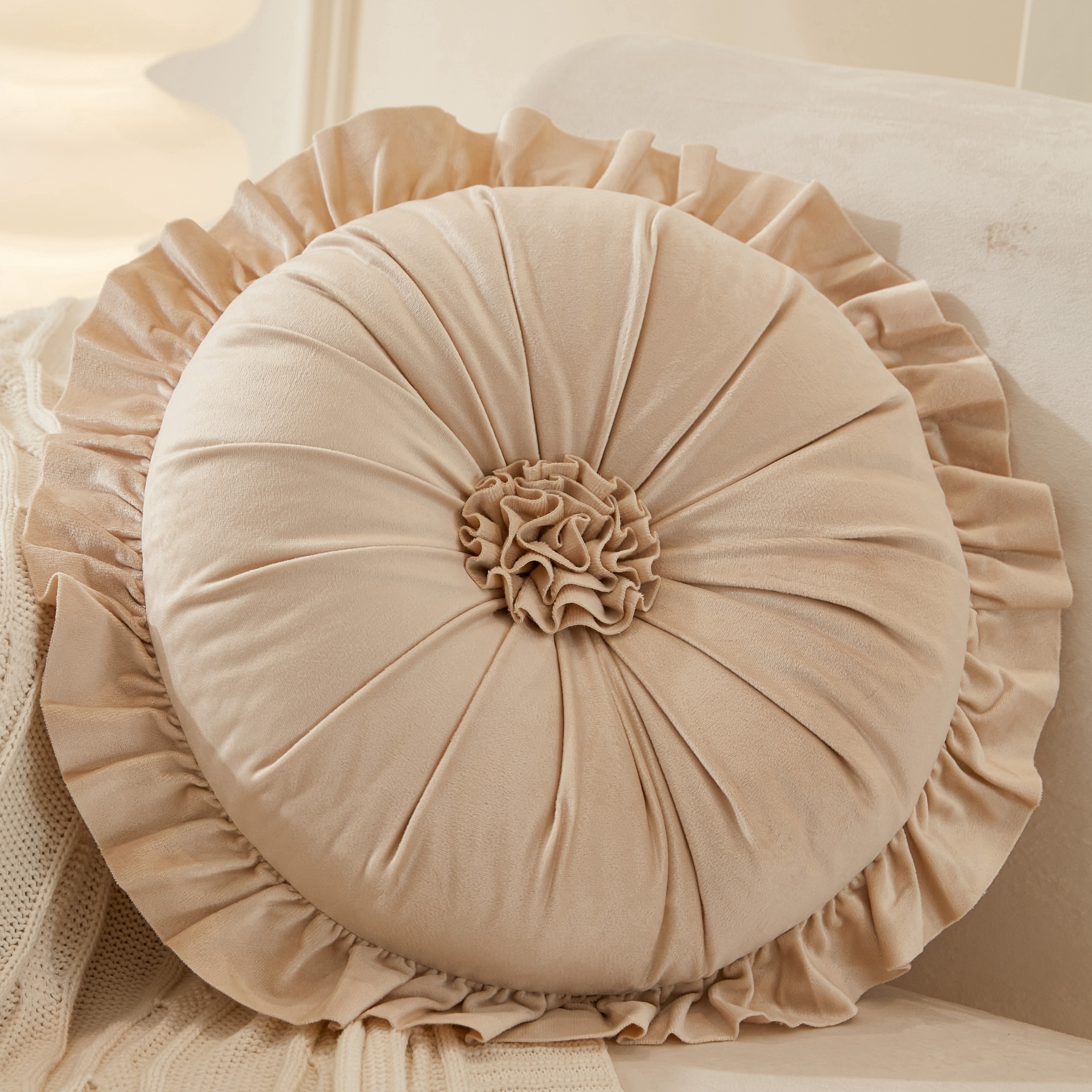 Round Velvet Ruffle Flower Pillow Velvet Pumpkin Pillow Wheel Pillow Round Pillow Lace Pillow Cushion Bedroom Living Room Optional