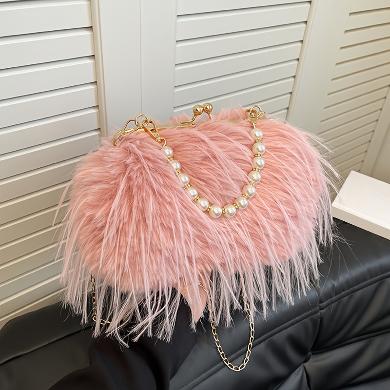TEMU Luxury Evening Bag Fluffy Solid Color Shoulder Bag Large Capacity Pearl Handle Clutch Crossbody Bag For Women