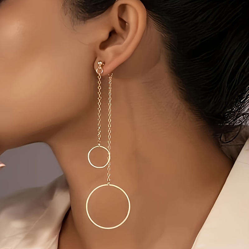 

1 Paire de Boucles d’Oreilles Minimalistes à Chaîne Longue Géométrique Rondes pour Femmes, Port Frontal et Postérieur, Corps en Fer et Pendentif, Accessoire Toutes