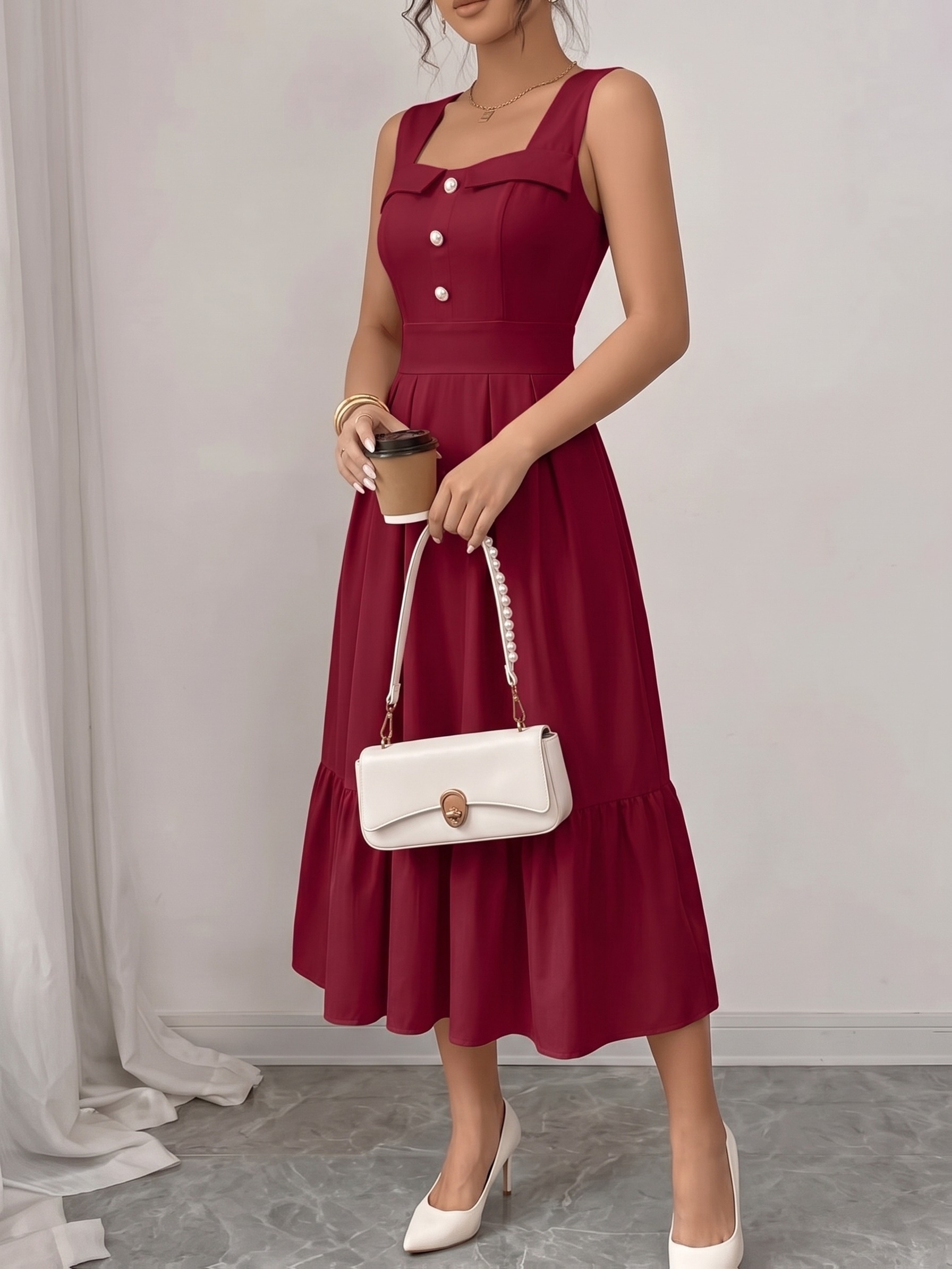 new square neck solid color   waist design elegant   casual multifunctional womens   length dress