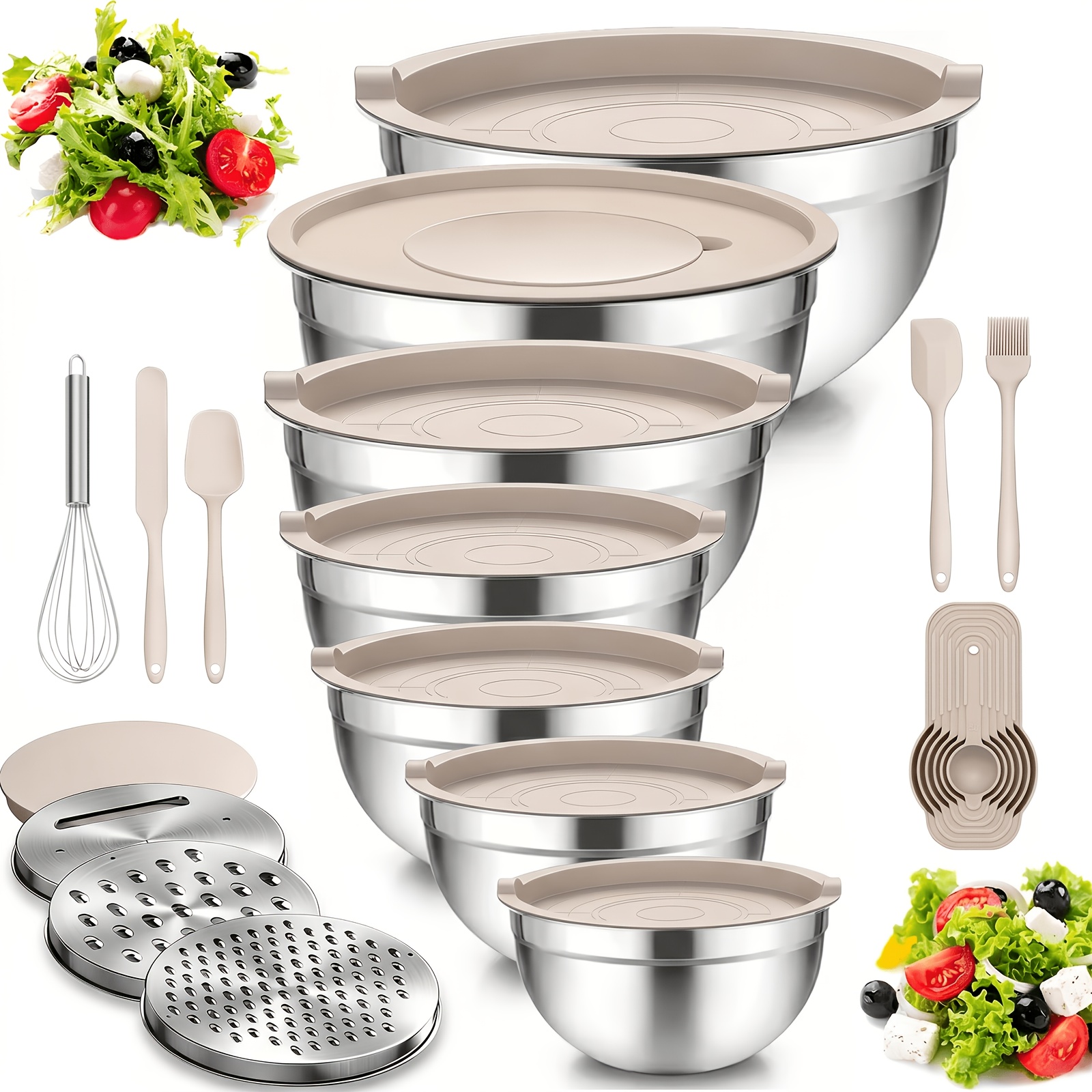 TEMU Ensemble de 21 à salade en acier inoxydable avec couvercle, comprenant 7 à mélanger empilables, idéal pour salades, fruits, pâtes et pâtisserie,