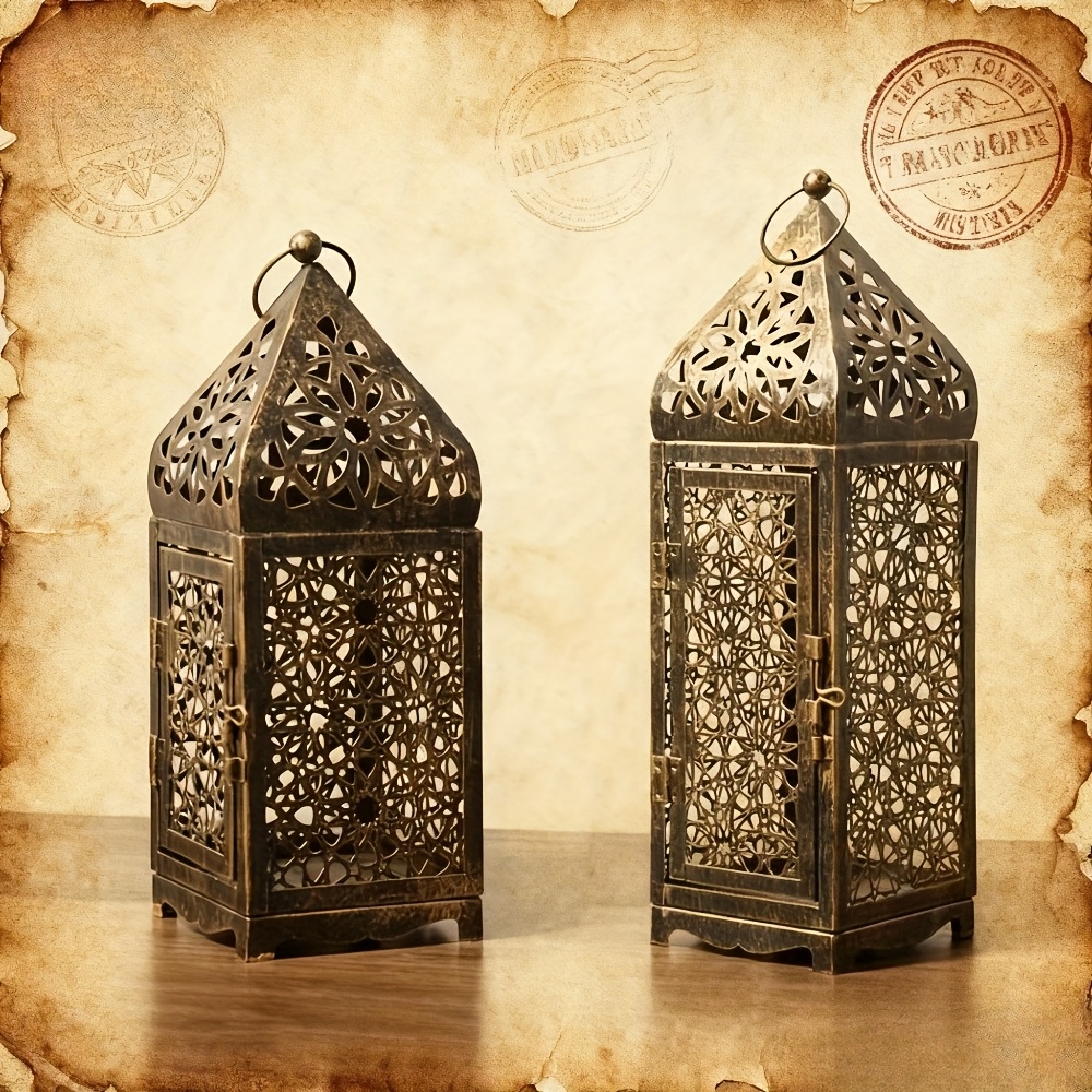 2-Pack Iron   with Hollow-Out Projection Art-Festive Tabletop Candle Holders for Halloween, Thanksgiving&Christmas Decor (Durable Heavy Metal, Home&Kitchen Friendly)