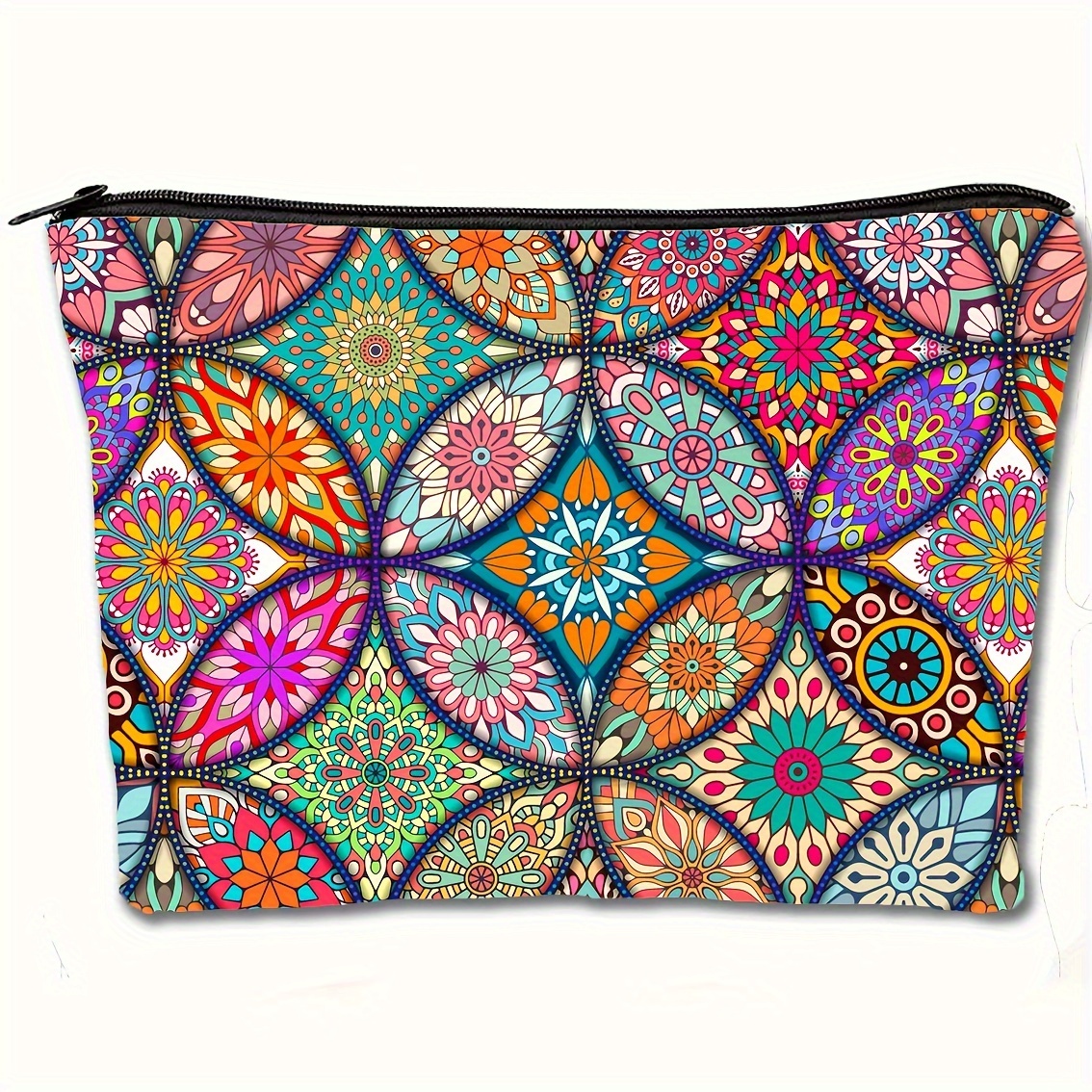 

Boho Chic Large Cosmetic Bag, 6.88x7.25 Inch, Multi-colored Mandala Pattern, Waterproof Makeup Pouch, Zippered Toiletry Organizer, Ideal Women's Travel Accessory For Christmas Gift