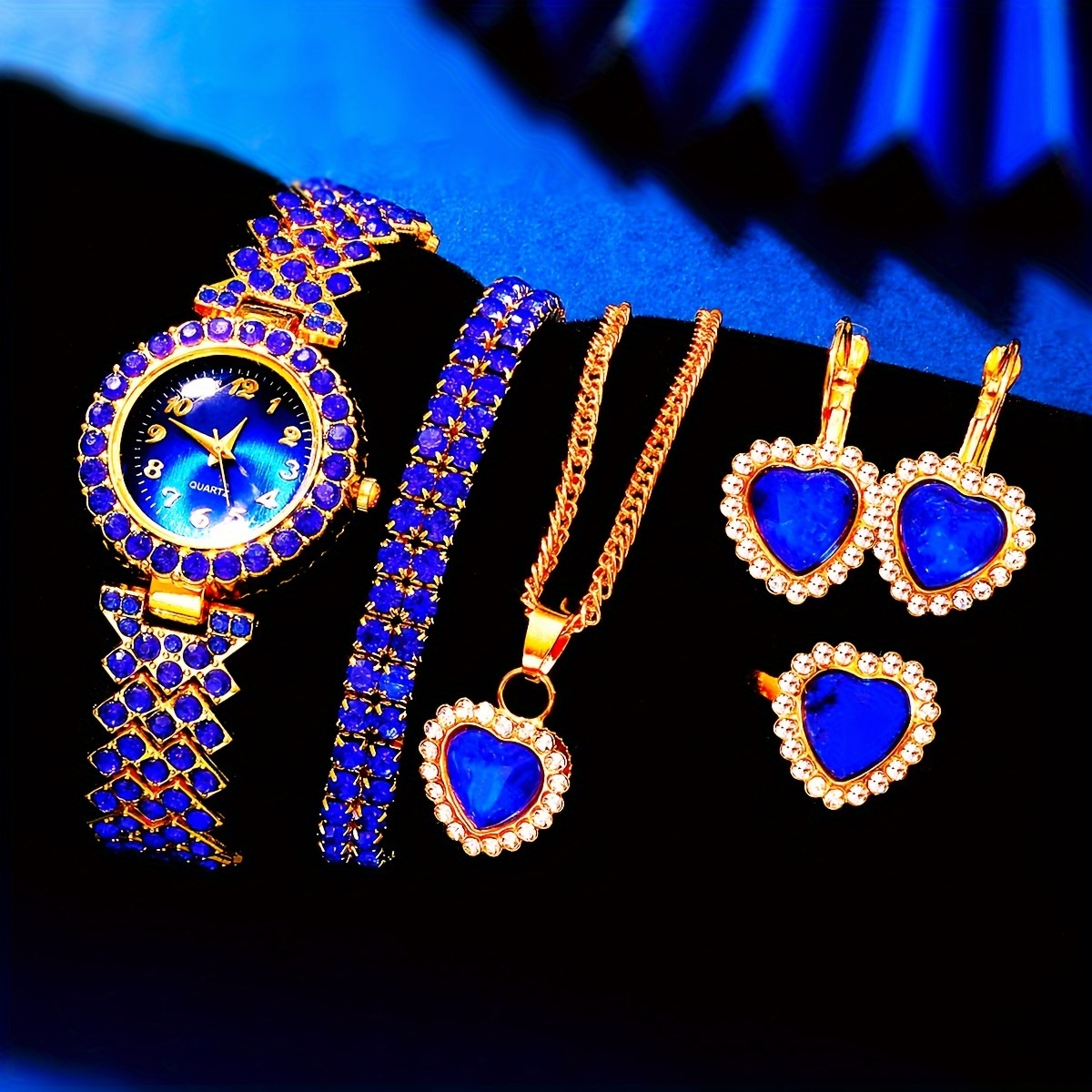

6pcs/set Women's Elegant Rhinestone Quartz Watch & Heart Shaped Synthetic Gem Jewelry Set, Valentine's Day Ramadan Gift
