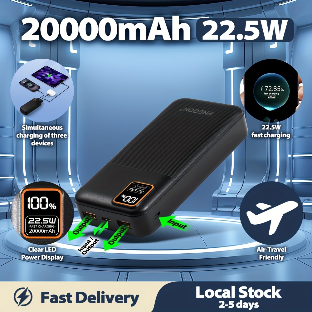 TEMU Enegon 20000mah 22.5w Power Bank With Pd Fast Charging - Usb-c/usb-a/micro Input, Led Digital Display, Portable For Phones, Tablets, Travel,