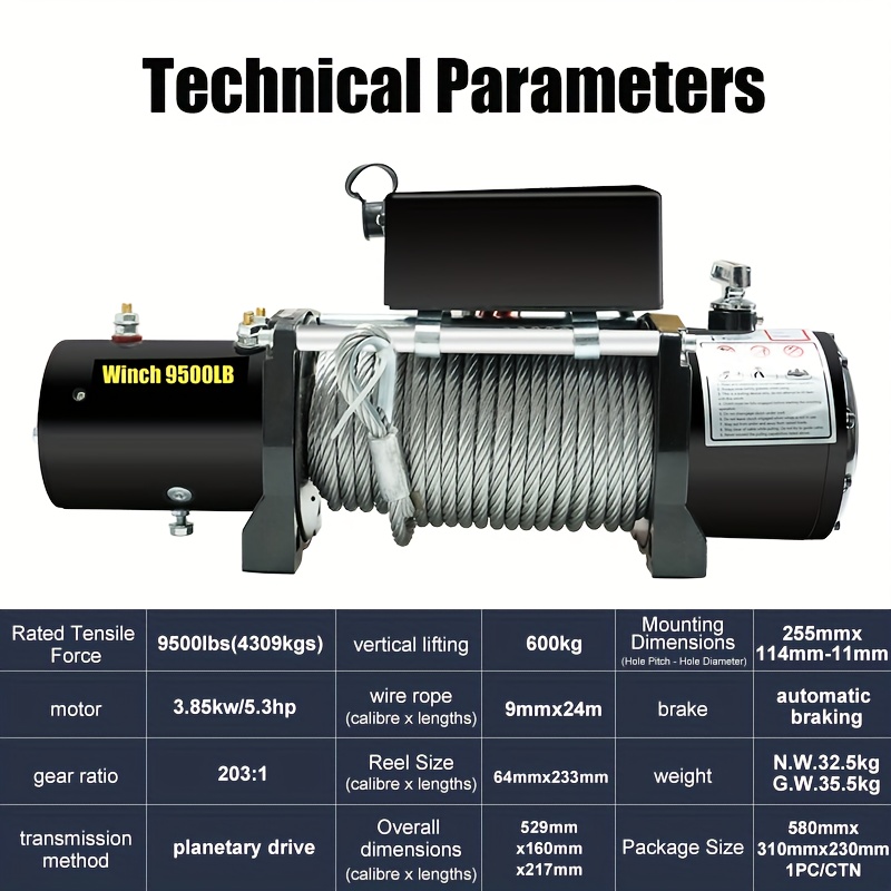 9500 Lbs 12v Heavy-duty Truck Winch Featuring Mechanism, Industrial Steel Cable, And A Wireless Remote Control. It Includes A Roller For Cable Protection And Offers Resistance To Abrasion And Heat