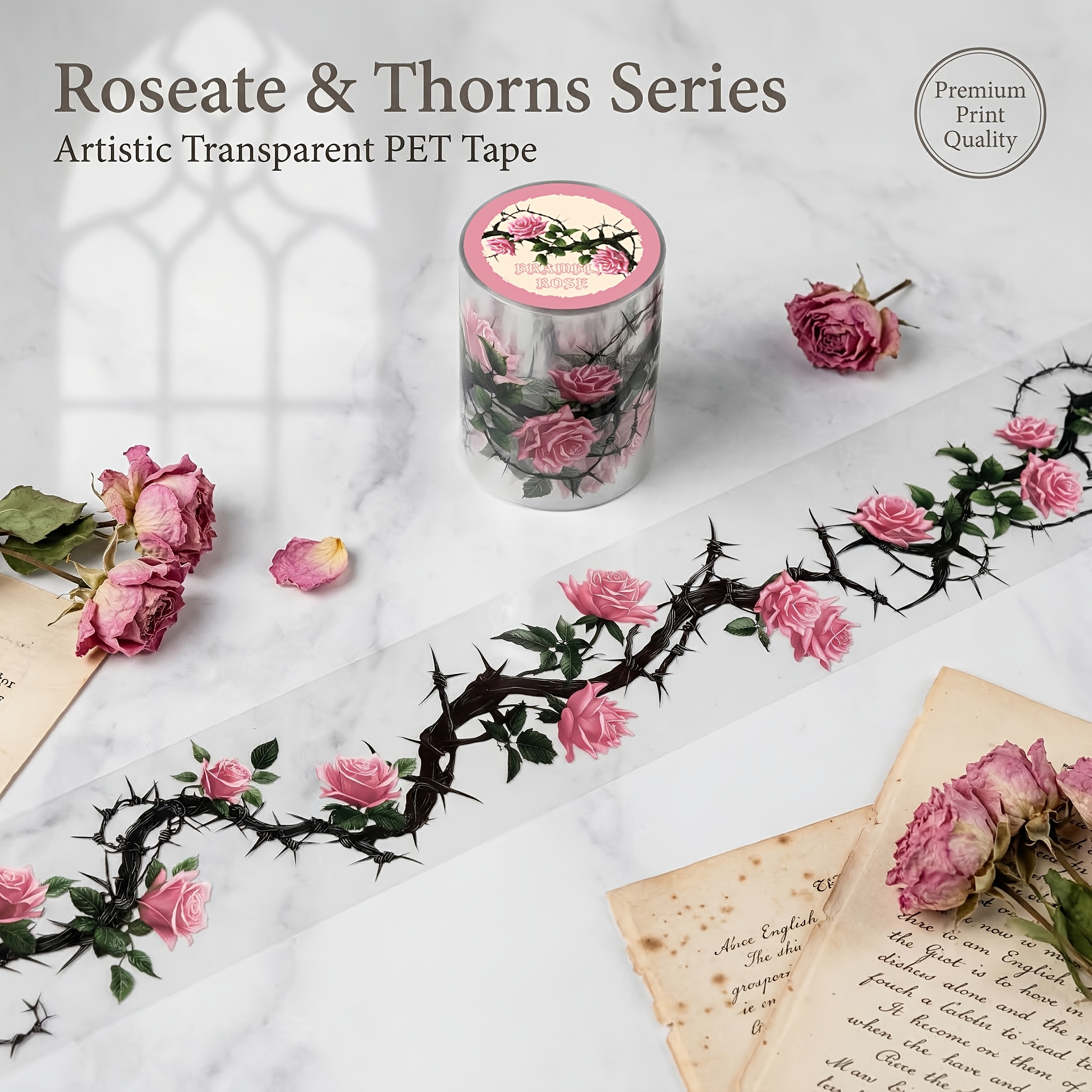 TEMU Nastro PET con Rosa da 200 cm/1 Rotolo, Adesivi Decorativi Rosa Vintage per Journaling, Planner, Artigianato, Creazione di Biglietti, Forniture