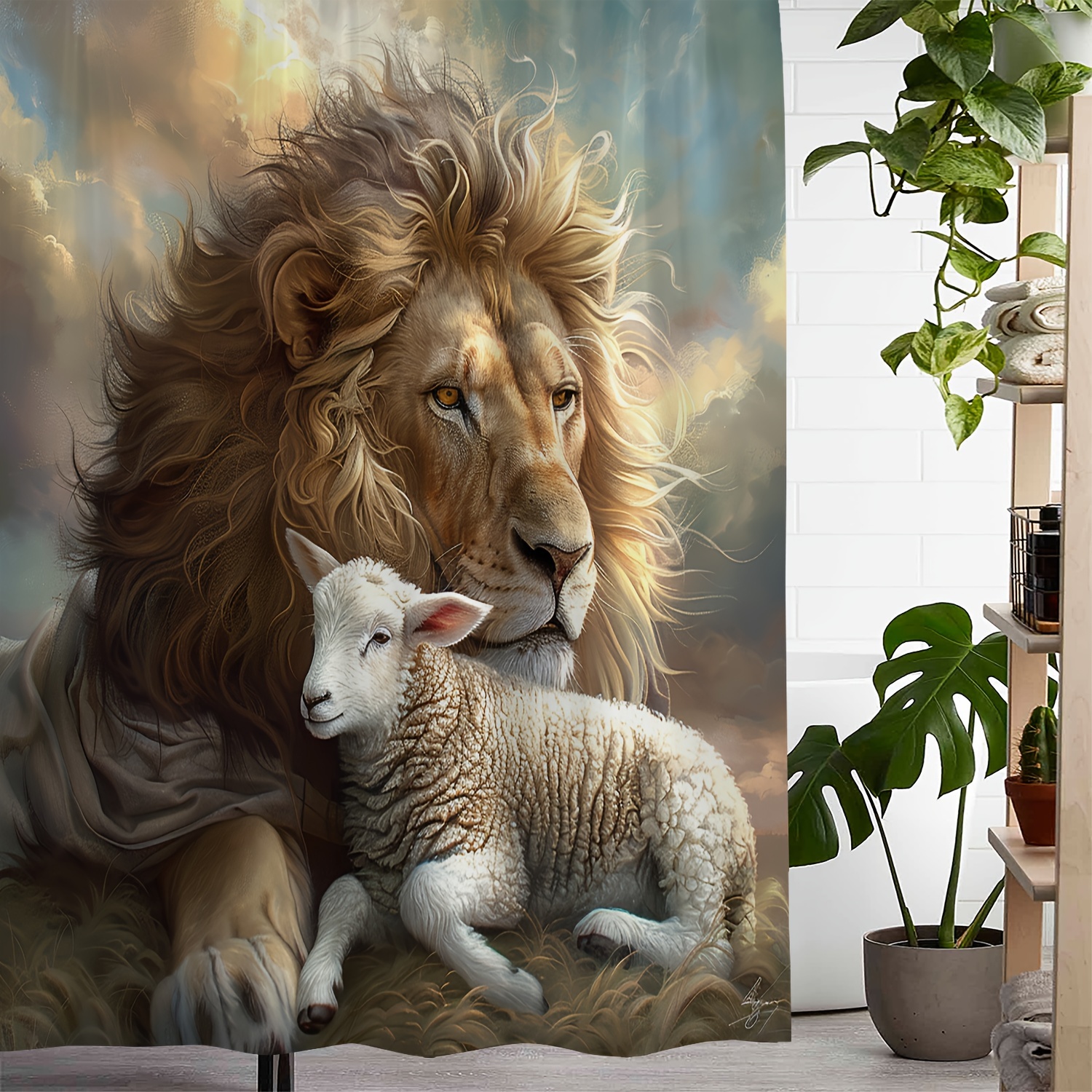 

Lion And Lamb Art Print Waterproof Shower Curtain With 12 Hooks - 72"x72" (183cmx183cm)