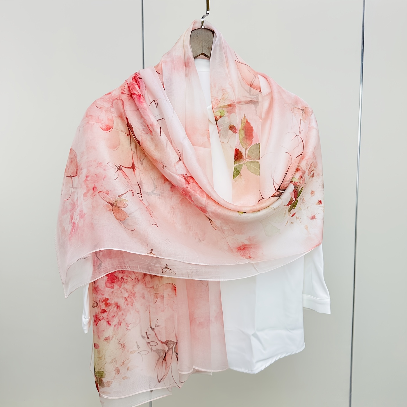 Pink Floral Chiffon Scarf 100% Silk Floral Shawl Lightweight
