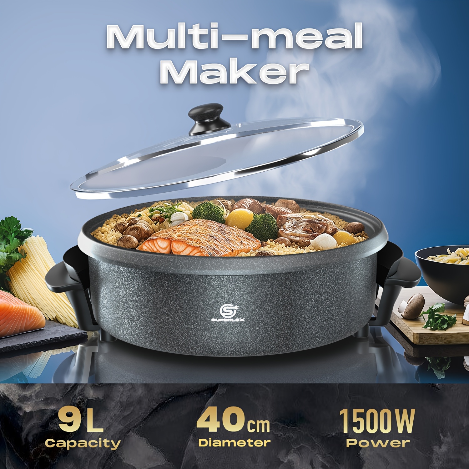 SUPERLEX 40x7cm Multi Meal Maker Electric Pan | 1500W Non-Stick Aluminum Plate | Steel Base | Tempered Glass Lid | Adjustable Thermostat | Large 7L Capacity for Pizza, Party & Family Cooking, Meal Preparation, Home Cooking, Modern Cookware, Sleek Design, Highquality Materials, Premium Construction, Electric Cookware, Multiuse Pan, Pastry Makers, Home Bakers, Busy Families, Party Foods Cooking, Easy to Clean 304 Stainless Steel Electric Multi Meal Maker Personal Food Prep And Cooking