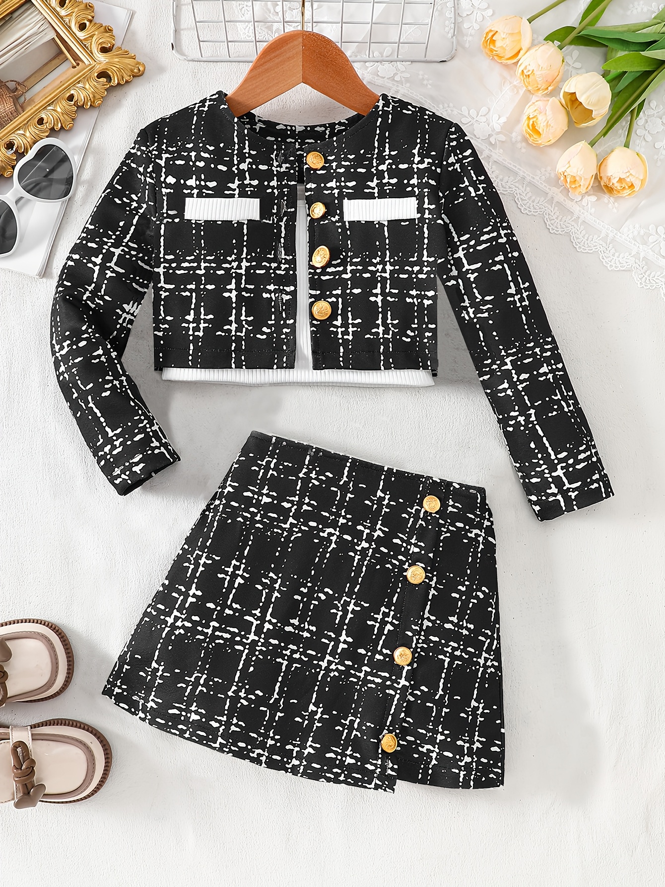 3pcs girls spring autumn set lightweight knit button up long sleeve jacket stretchy camisole   skirt for girls aged 3 8 suitable for outdoor wear Product details 0