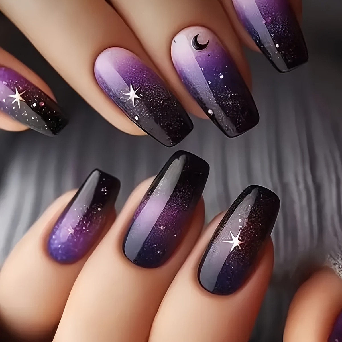 

24pcs Press-on Nails Set, Mixed Color Gradient Purple To Black With Stars And Moon, , Medium Length False Nails Kit For Women, Nail Art Supplies And