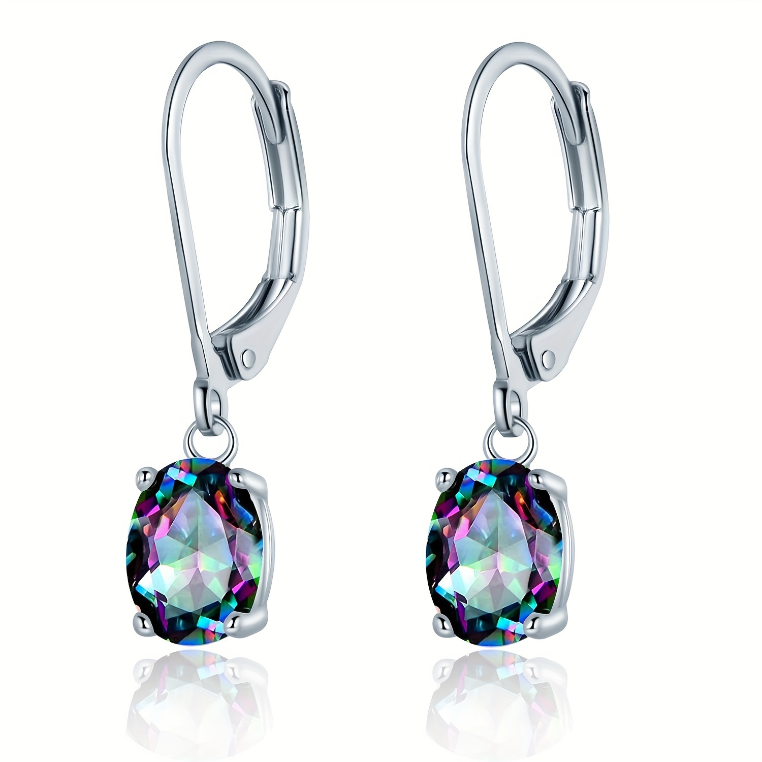 

Rainbow Cz 6 * 8mm Oval Leverback Earrings For Women 18k White Gold Plated Dangle Lightweight Hypoallergenic Jewelry Gifts