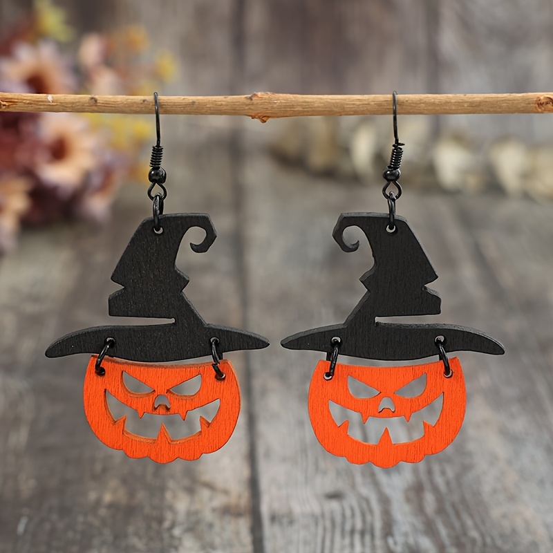 Cross-border European And American New Pair Of Bohemian Halloween Party Wizard Hat Hollowed-out Personality Wooden Earrings, For Teenager