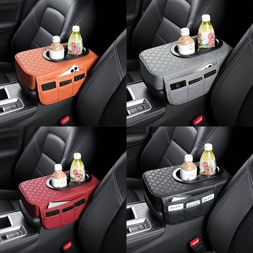 universal car center console organizer armrest cover with 2 side pockets 2 cup holders multifunctional storage for phone water bottle cards compatible with most vehicles