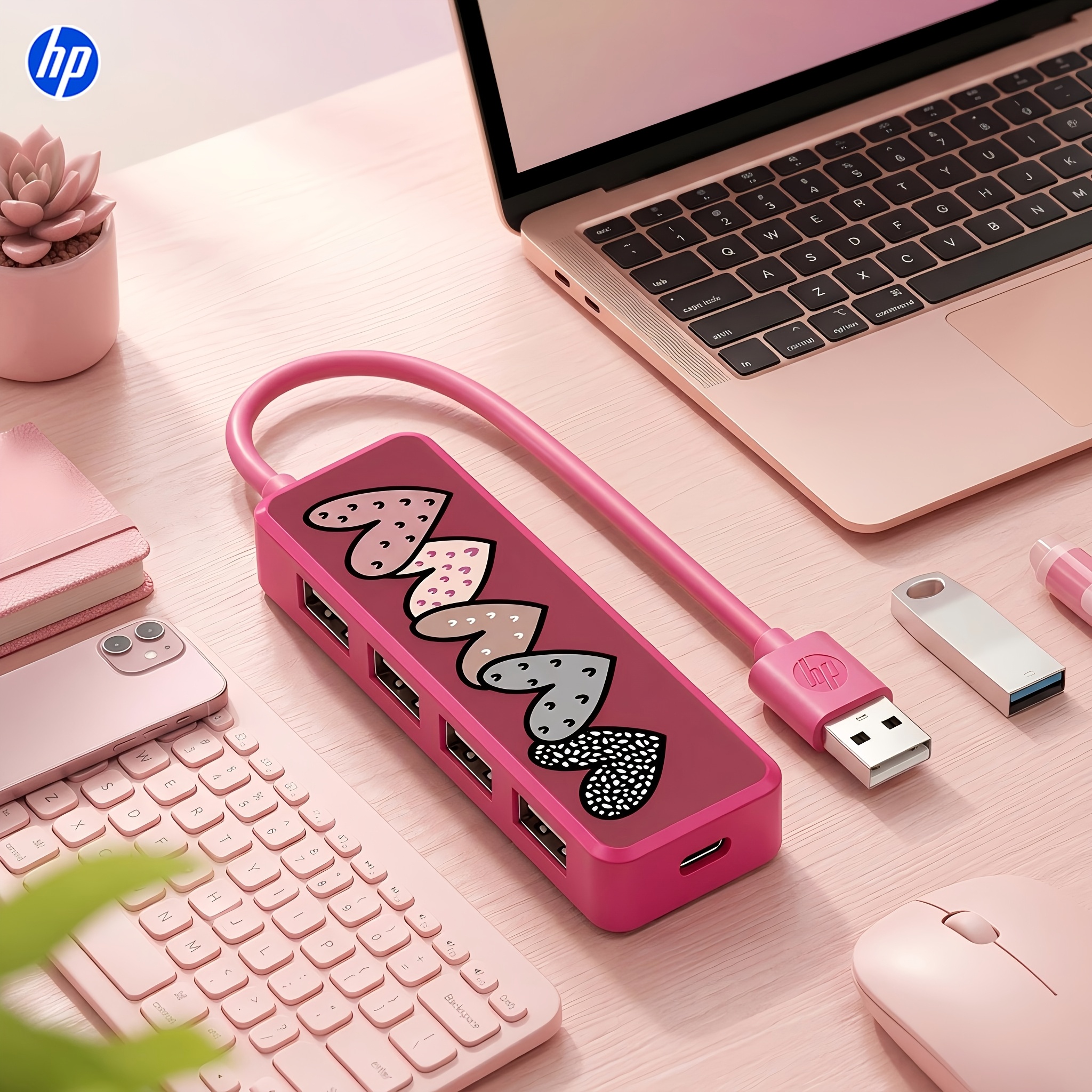TEMU Station d'accueil USB 2.0 HP Magenta Rose, Station d'accueil portable avec 4 ports USB, alimentation Type-C, imprimé motif cœur , transfert de
