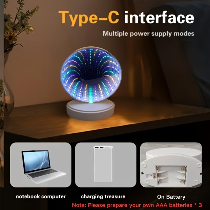 Projecteur tunnel, lampe de table LED miroir 3D lumière nocturne décoration mariage fête, éclairage confortable pour chambre salon ambiance jeu, accessoire gamer miroir infini cadeau cool