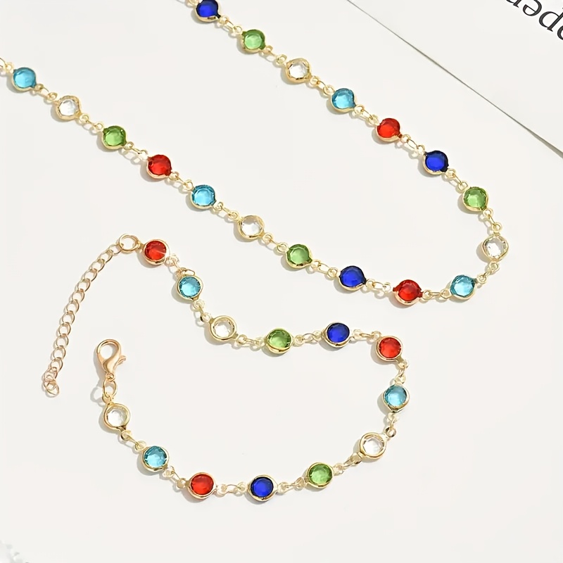 Image of 2pcs Necklace + Bracelet Light Luxury Elegant Fashionable Women's Colorful Round Glass Chain Casual Party Gift Set