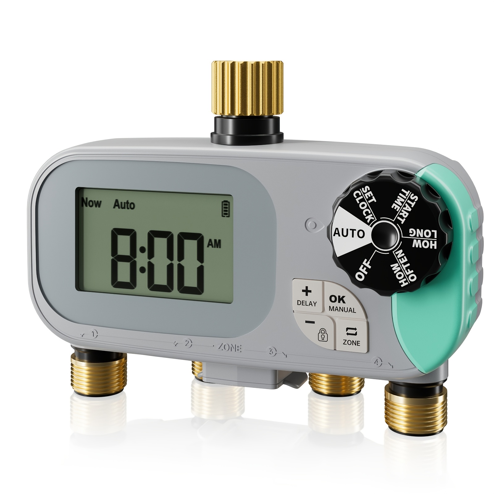 TEMU Minuterie d'arrosage en laiton pour tuyau d'arrosage avec verrouillage enfant, minuterie d'eau numérique programmable 4 zones pour irrigation
