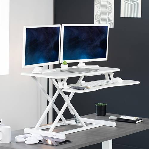 standing desk converter 32 inch height adjustable sit to stand desk riser computer workstation for home or office with keyboard tray laptop and dual monitor desktop standing converter desk 32