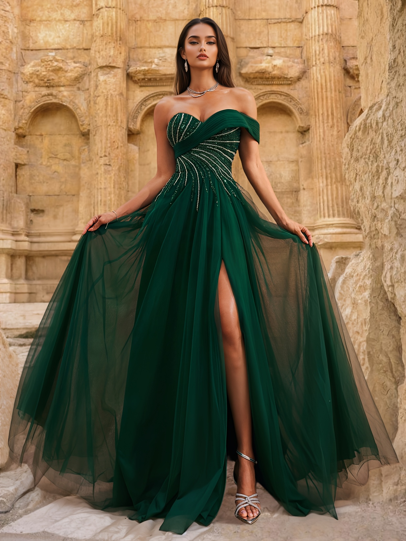 Sequin Off-Shoulder Long Evening Gown for Women Elegant Green Party  Dress with High-Low Hem, Sleeveless Design, and Sparkling Details
