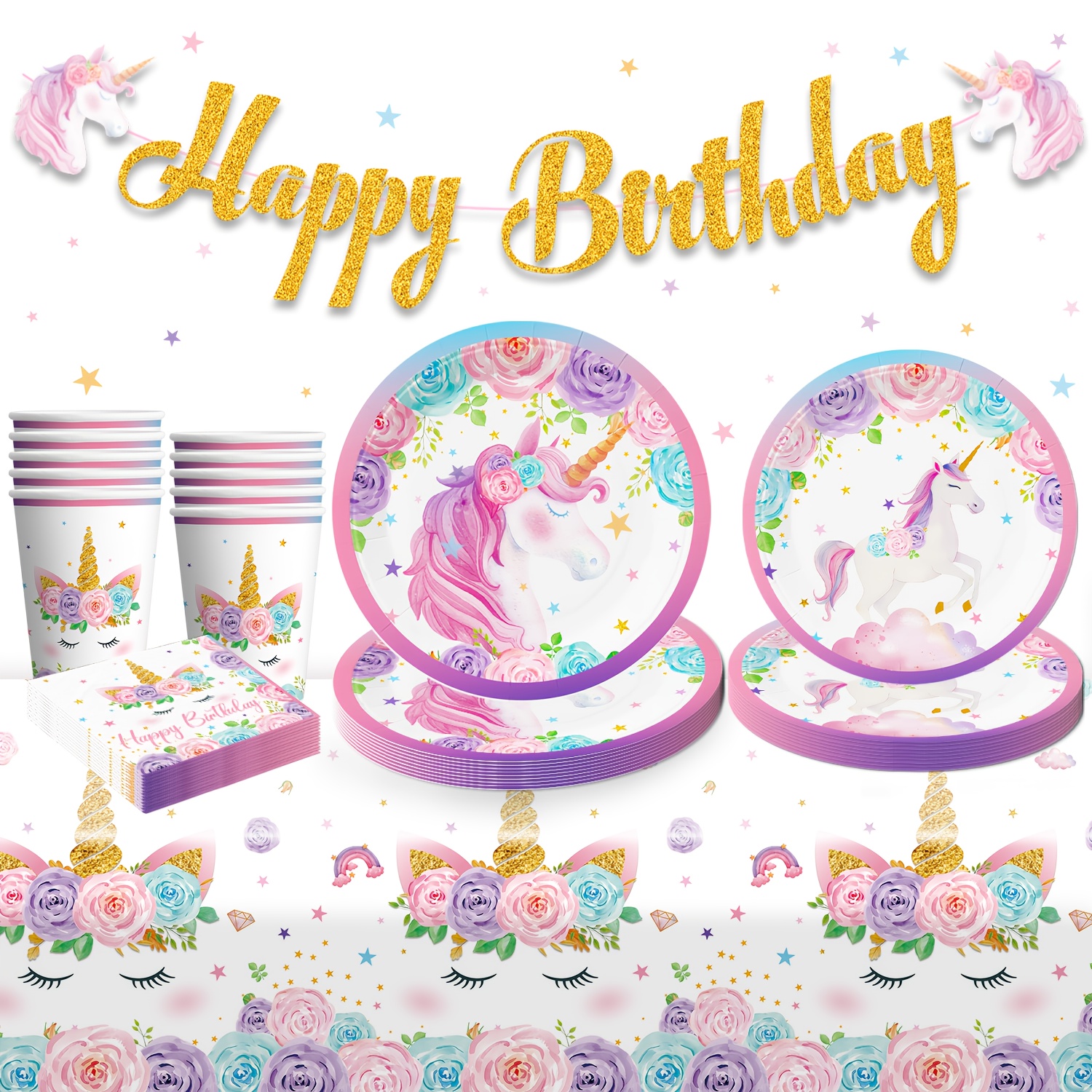 Unicorn Birthday Party Supplies Set - Purple Unicorn Theme with Golden Accents,   Plates, Napkins, Cups, Banner & Tablecloth - Romantic Girls Birthday Decorations for   Celebrations, Unicorn Birthday Party Supplies, Celebration Essentials, Whimsical Design, Durable  , Personalised Castle Banner, Unicorn Plate, Unicorn Party