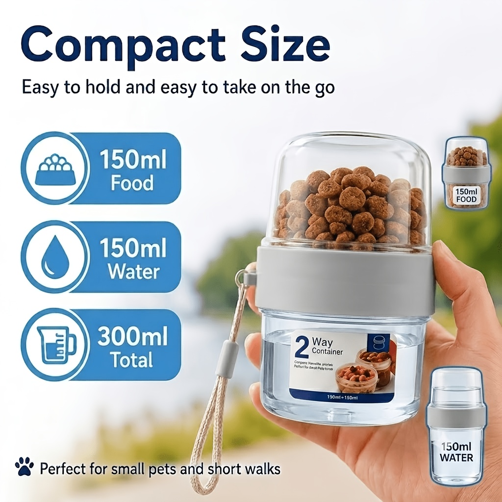 1  in 1 portable pet travel feeding cup double layer split design 150ml 150ml pet food water container with hand strap transparent treat storage compartment for cats small dogs puppies for daily walking park trips pet training snacks Product details 5