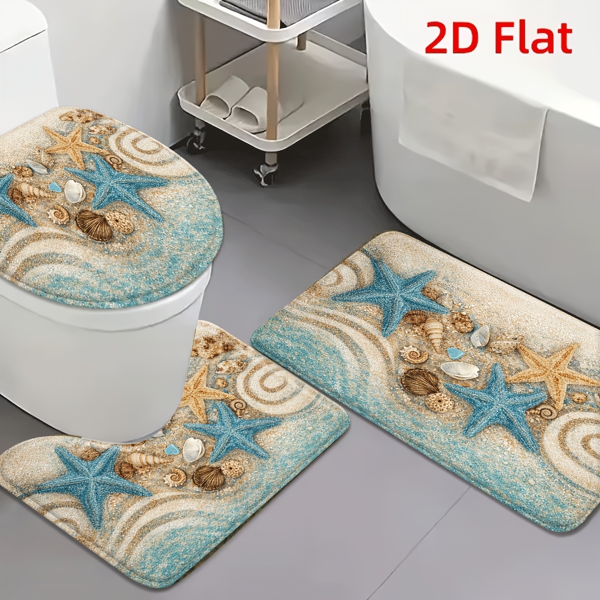 TEMU 2d Flat 3pcs Seashell And Starfish Flannel Non-slip Toilet Mat Set Coastal Decor For Bathroom, Entrance, Bedroom, Balcony - Soft, Absorbent,