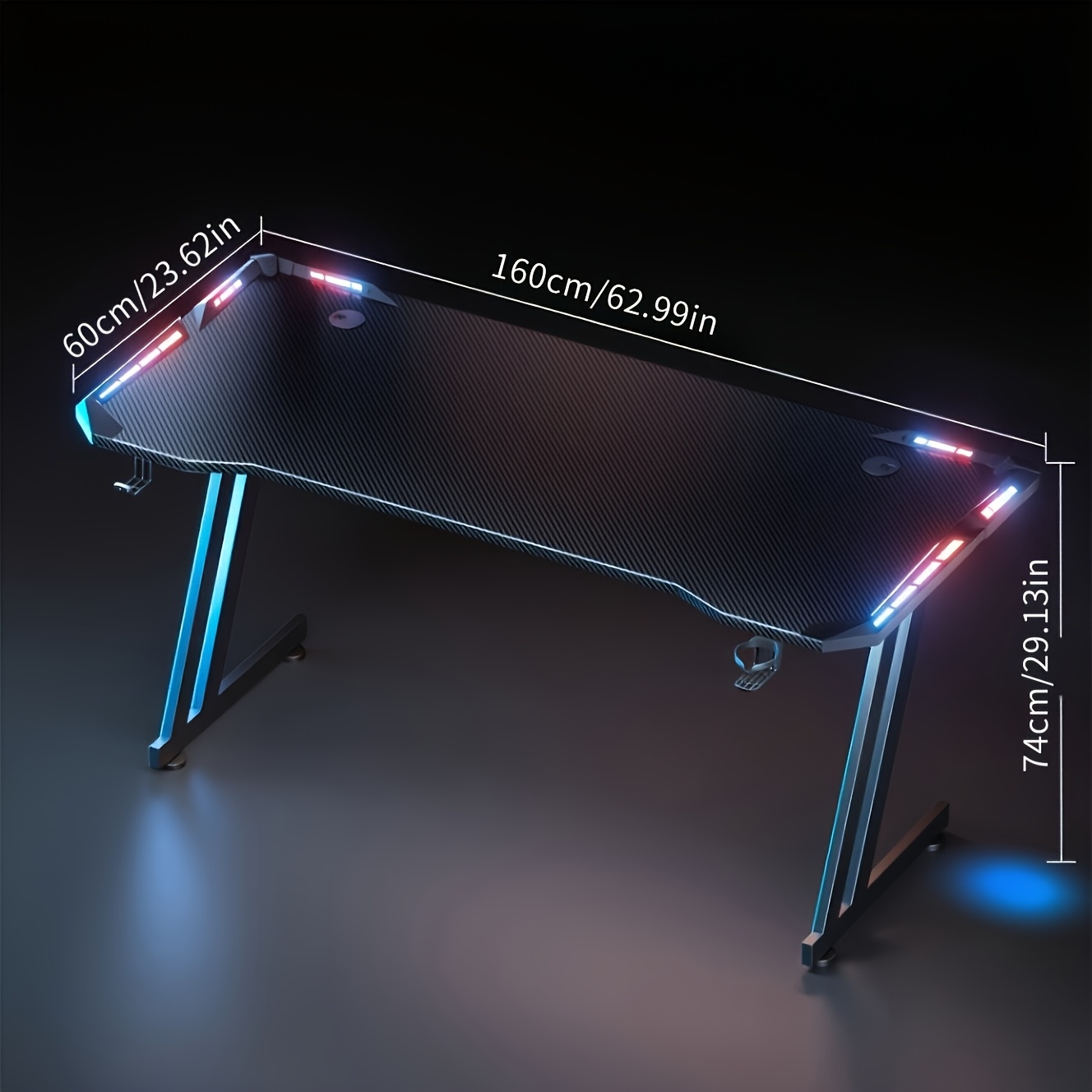 Rgb Led Gaming Desk, Large-size Gaming Table, Zz Stable Structure With 60kg/132.28oz Capacity, Carbon Fiber Tabletop, Featuring An Oversized Mouse Pad And Headset Hooks/cup Holders.black