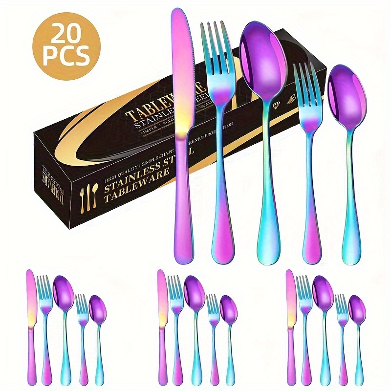 

Rainbow Tableware Silverware Set Of 20 Pieces, Stainless Steel Colored Tableware, Tableware Set Of 4 Pieces, Including Knives/forks/spoons, Reusable, Mirror Polished, Dishwasher Safe