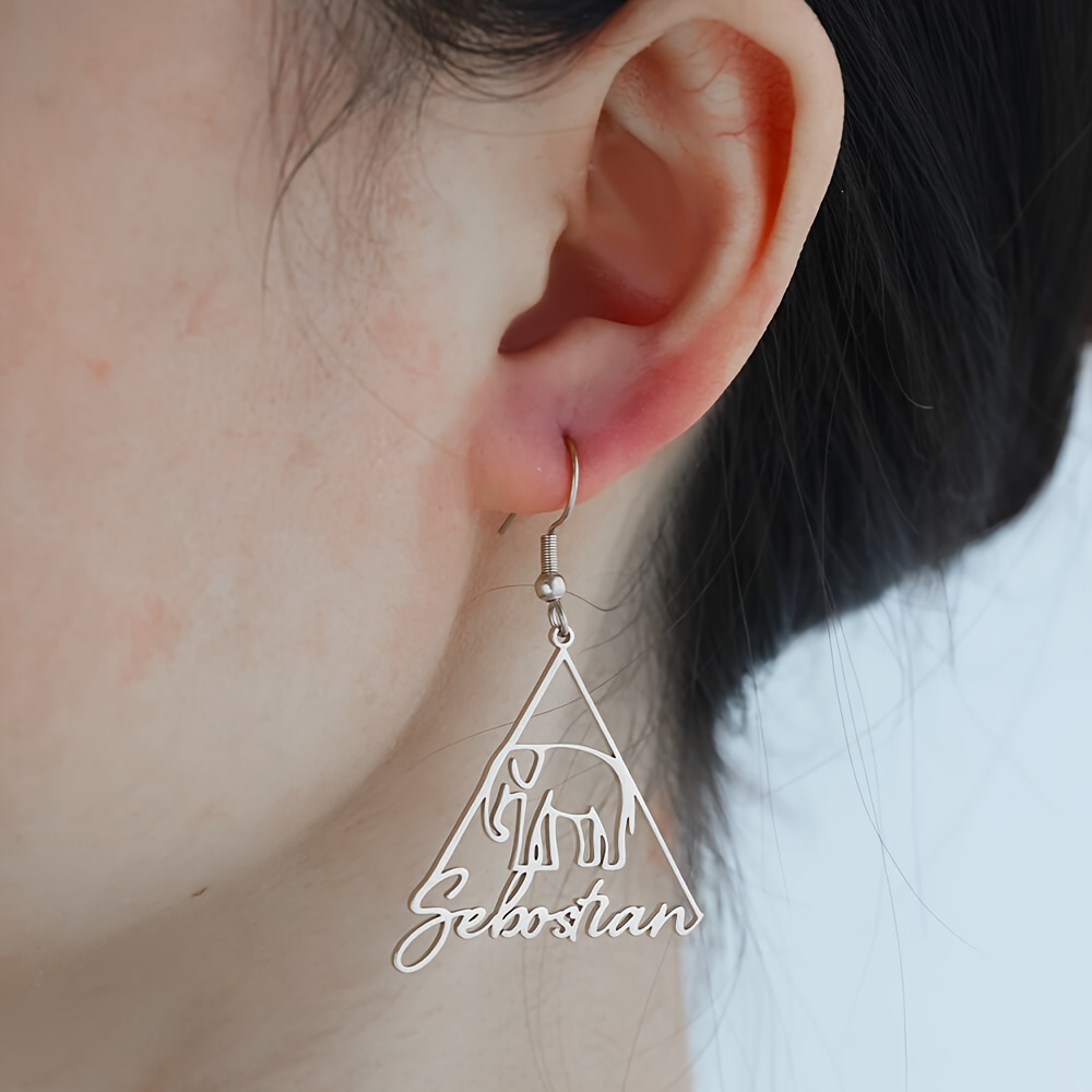 

Custom Engraved English Name Dangle Earrings - Elegant Geometric , Stainless Steel, & - Unique Birthday Or Holiday Gift