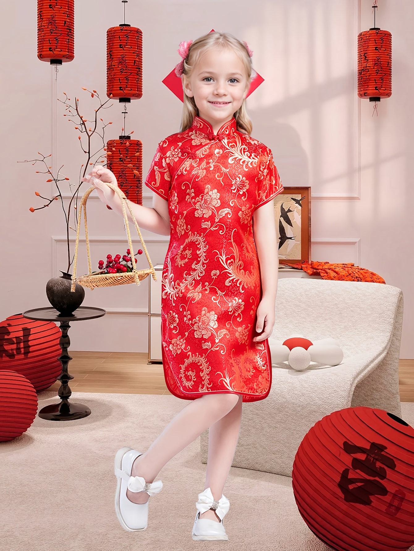 Qipao Dress For Kids Childrens Chinese Dress Cranes Pattern Stretchy Kid's  Cheongsam Knee Length Chinese Dress