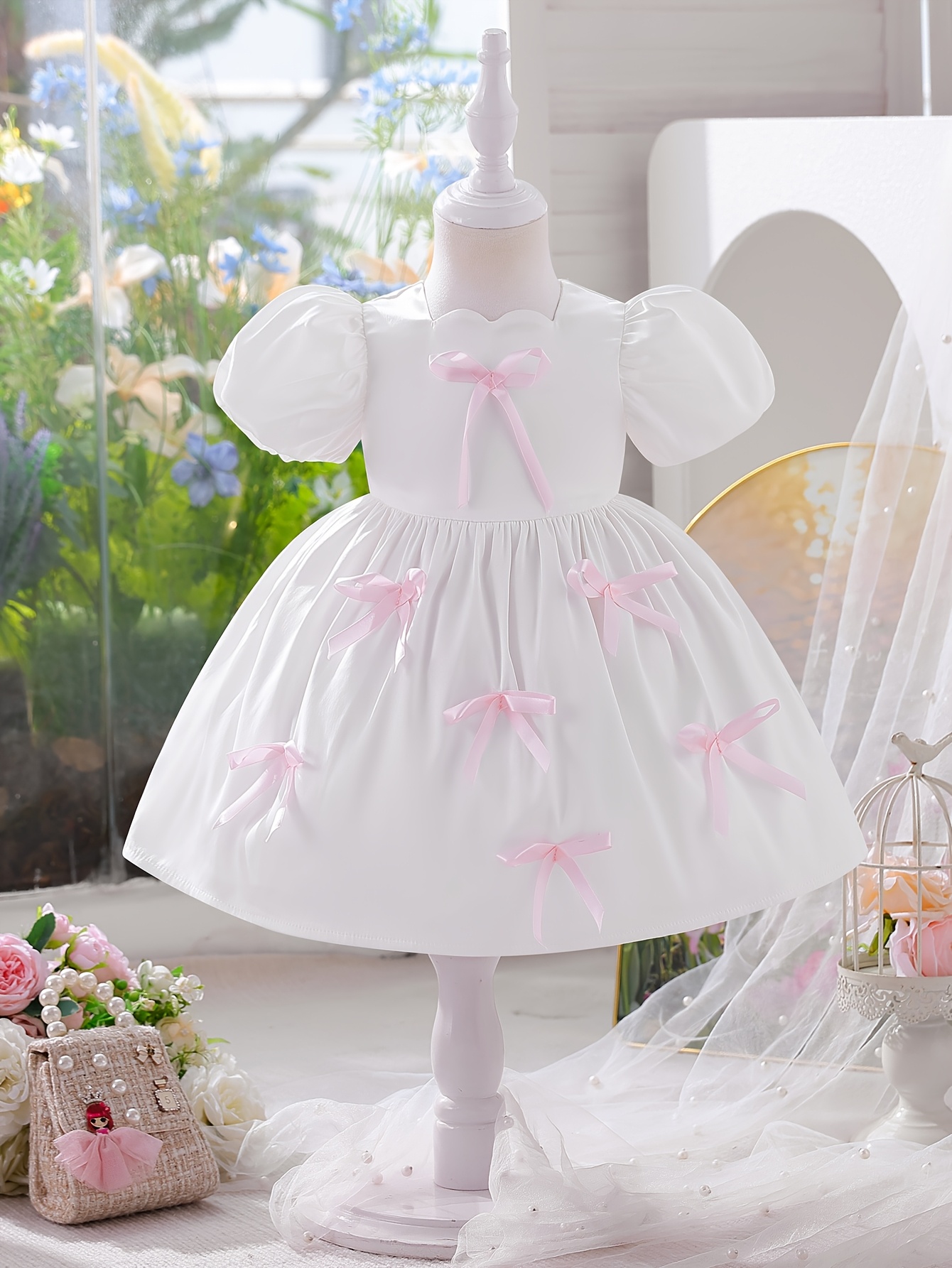 slim fit dress slacks Satin Dress Beaded Short Sleeves Baby Dress 18 Months / White