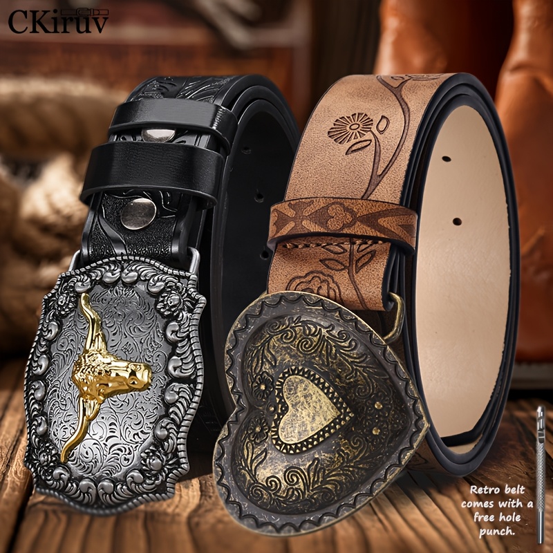 TEMU 2pcs Women's Fashion Embossed Belts With Vintage Heart Embossing And Western-, Featuring A Unique And Design. Pairs Well With Various Pants And