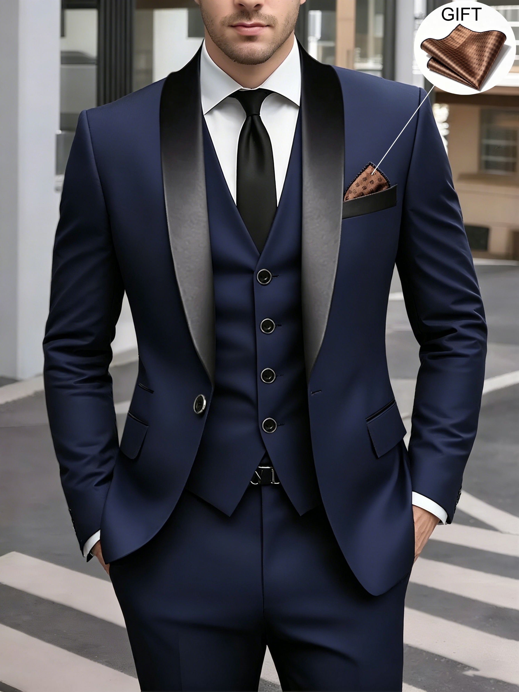 Costume 3 pièces pour homme pour mariage, fête, affaires décontractées : veste de costume + gilet + pantalon classique, ensemble élégant de couleur unie pour marié, convient aux réunions d'affaires, inclut un mouchoir de poche