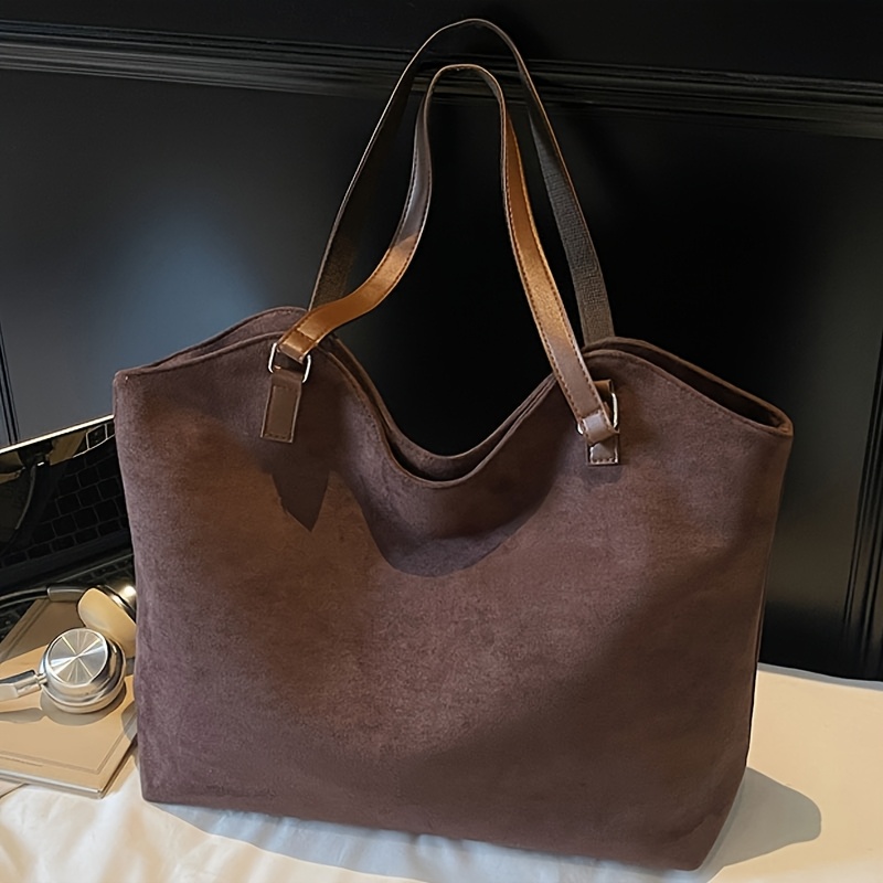 TEMU Suede-like Women's Solid Color Tote Bag, Large Capacity Premium Shoulder Bag, Essential Handbag For Daily , Comfortable Soft Fabric, Used As