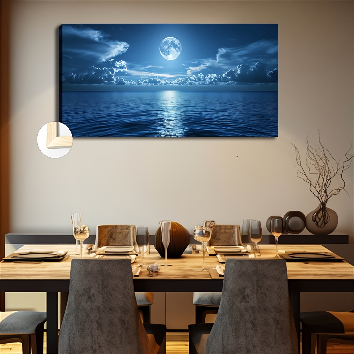 TEMU Large Framed Vintage-style Wall Art - 20x40 Inch, With Surrounding Waves & , Dark With Sky, Pine Wood Frame, Bedroom, Dining Room, Study,