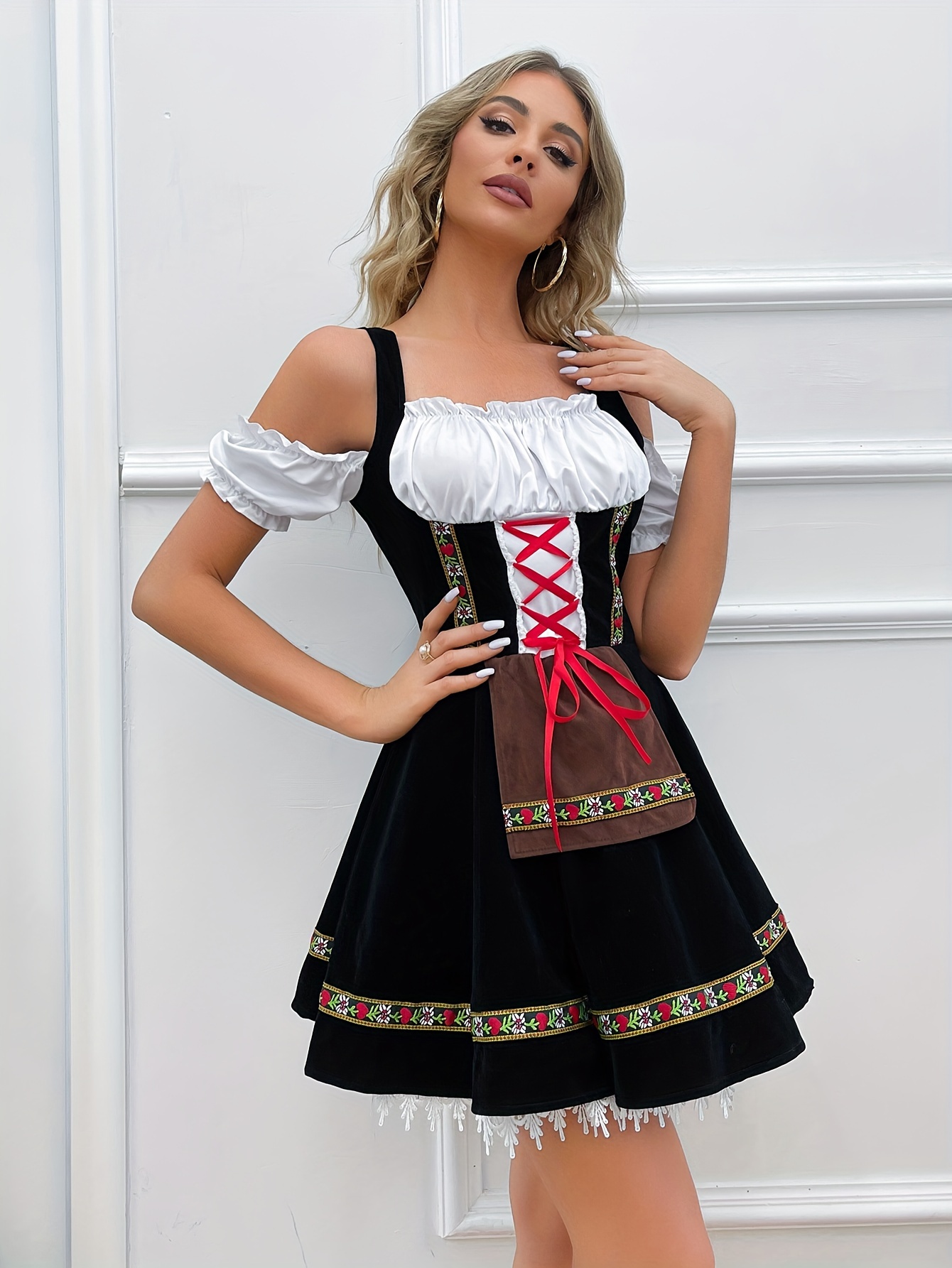 oktoberfest beer dirndl dress, vintage cold shoulder tie front costume, women's clothing mixed color 0