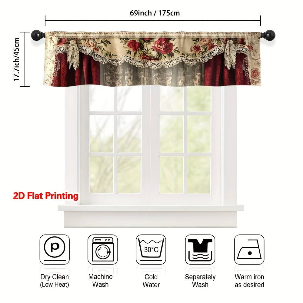 TEMU 2d Flat - 2d Flat - 1pc Of Vintage Floral Lace Valance Curtain With 2d Flat Printing And A Pocket For Easy Rod Installation, Perfect For