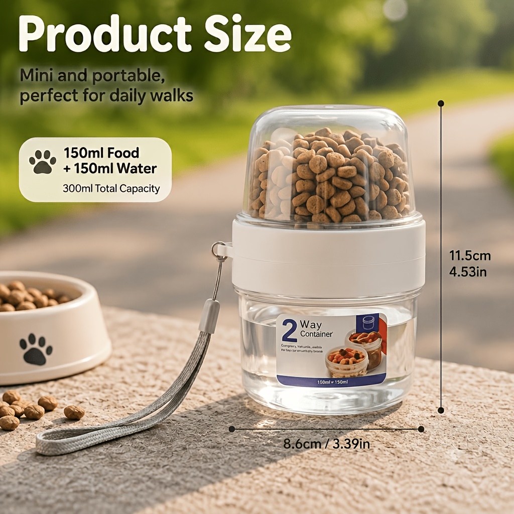 1  in 1 portable pet travel feeding cup double layer split design 150ml 150ml pet food water container with hand strap transparent treat storage compartment for cats small dogs puppies for daily walking park trips pet training snacks Product details 2
