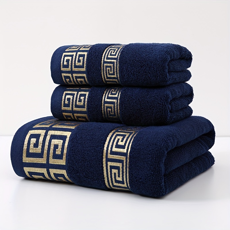 3pcs 100% Cotton Towel Set (1 Bath Towel, 2 Washcloths) GSM410, Exquisite Embroidery, Geometric Pattern, Luxury Style Bath Towel, Very Soft, Very Absorbent, Not Easy to Shed And Not Easy to Fade, Bathroom Essentials, Suitable for Autumn And Winter Seasons Or Gifts for Family And Friends