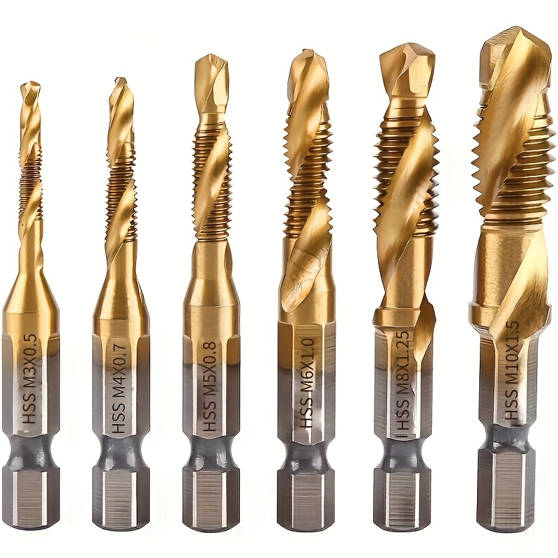 item picture 6pcs Steel Drill Bit and Tap Set with Countersunk and Deburring - Metric Sizes M3 to M10, 1/4 "hexagonal Shank