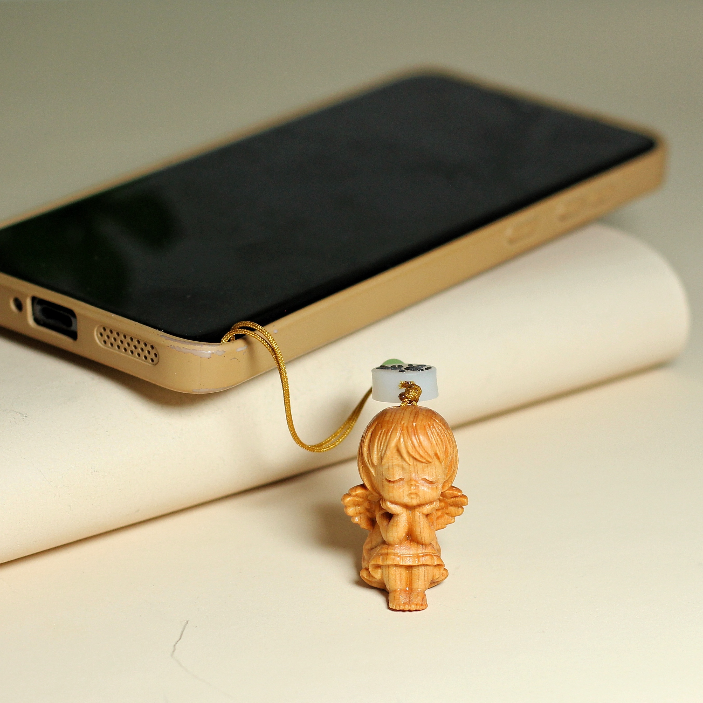 Image of 1pc Wooden Pendant, Carving Thinking Girl Mobile Phone Pendant Bag Pendant, Christmas Gift Christmas Decorations