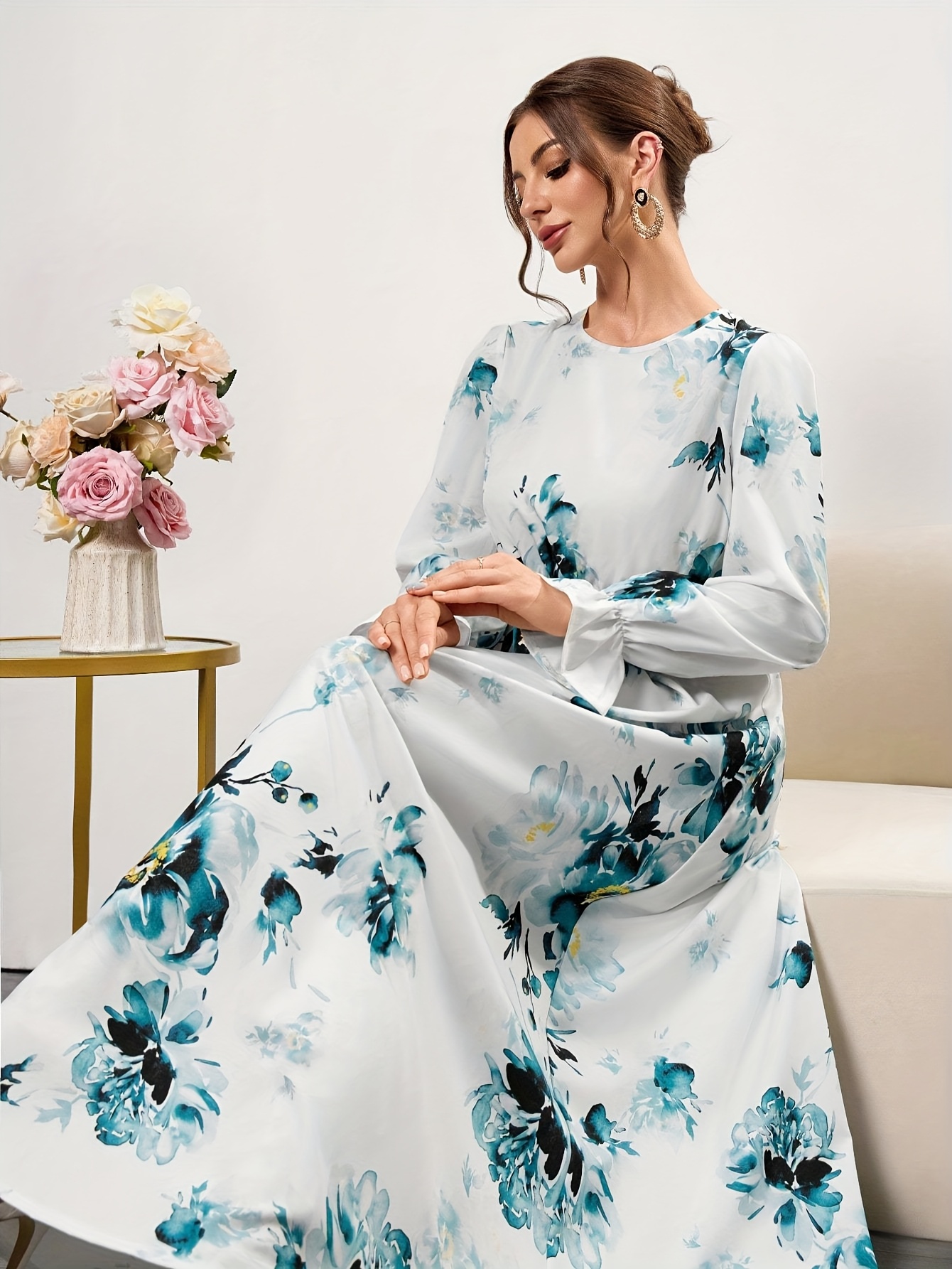 elegant floral print long sleeve maxi dress women mushroom - Temu United  Arab Emirates
