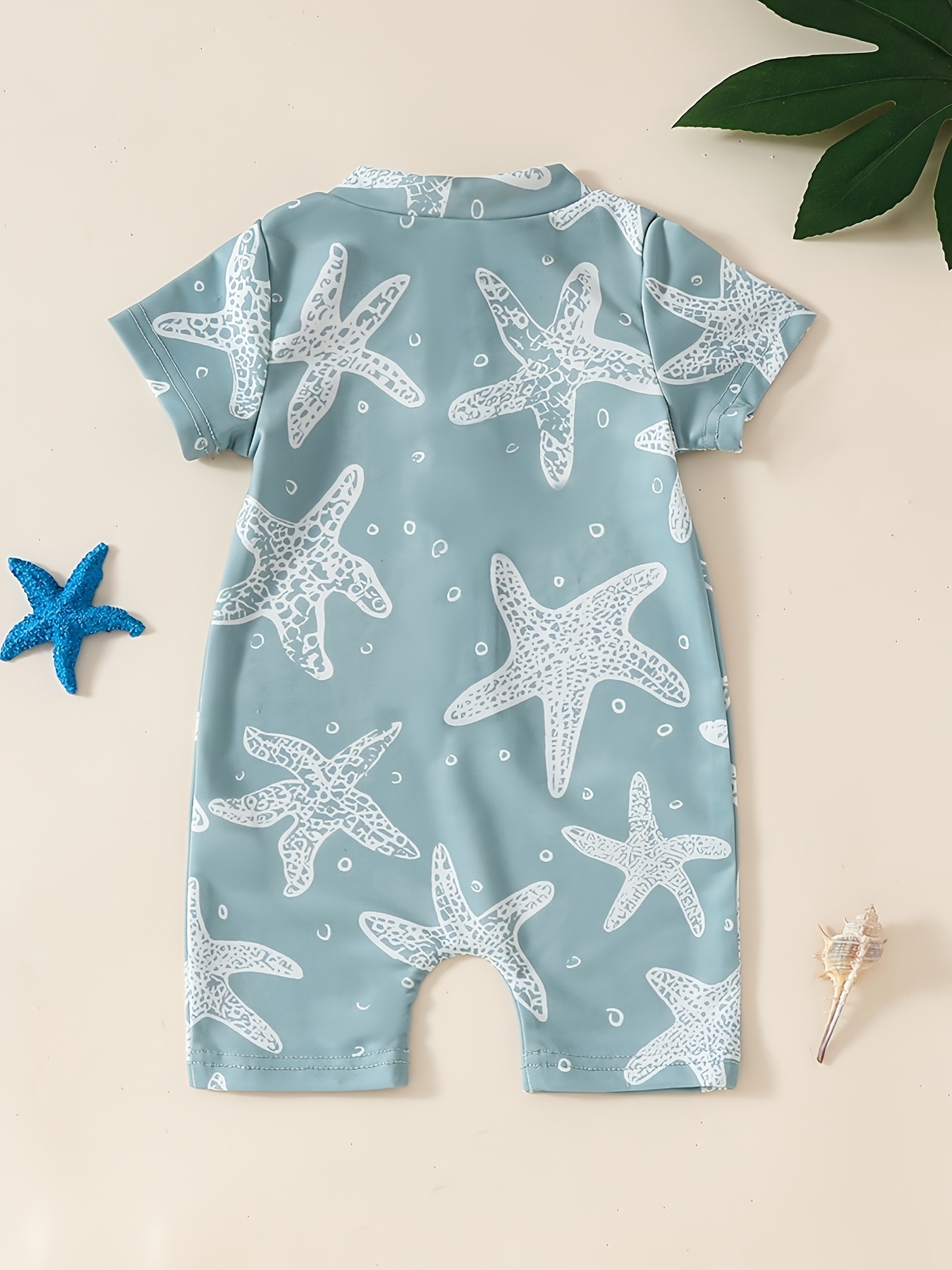 infant boys starfish print short sleeve zippered   swimsuit cute style summer beachwear details 0