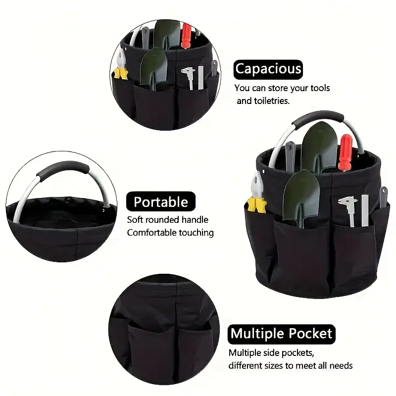 heavy duty high quality oxford fabric multi pocket foldable tool organizer bag portable storage tote for gardening diy with ergonomic handle black navy olive essentials carrier durable construction details 2