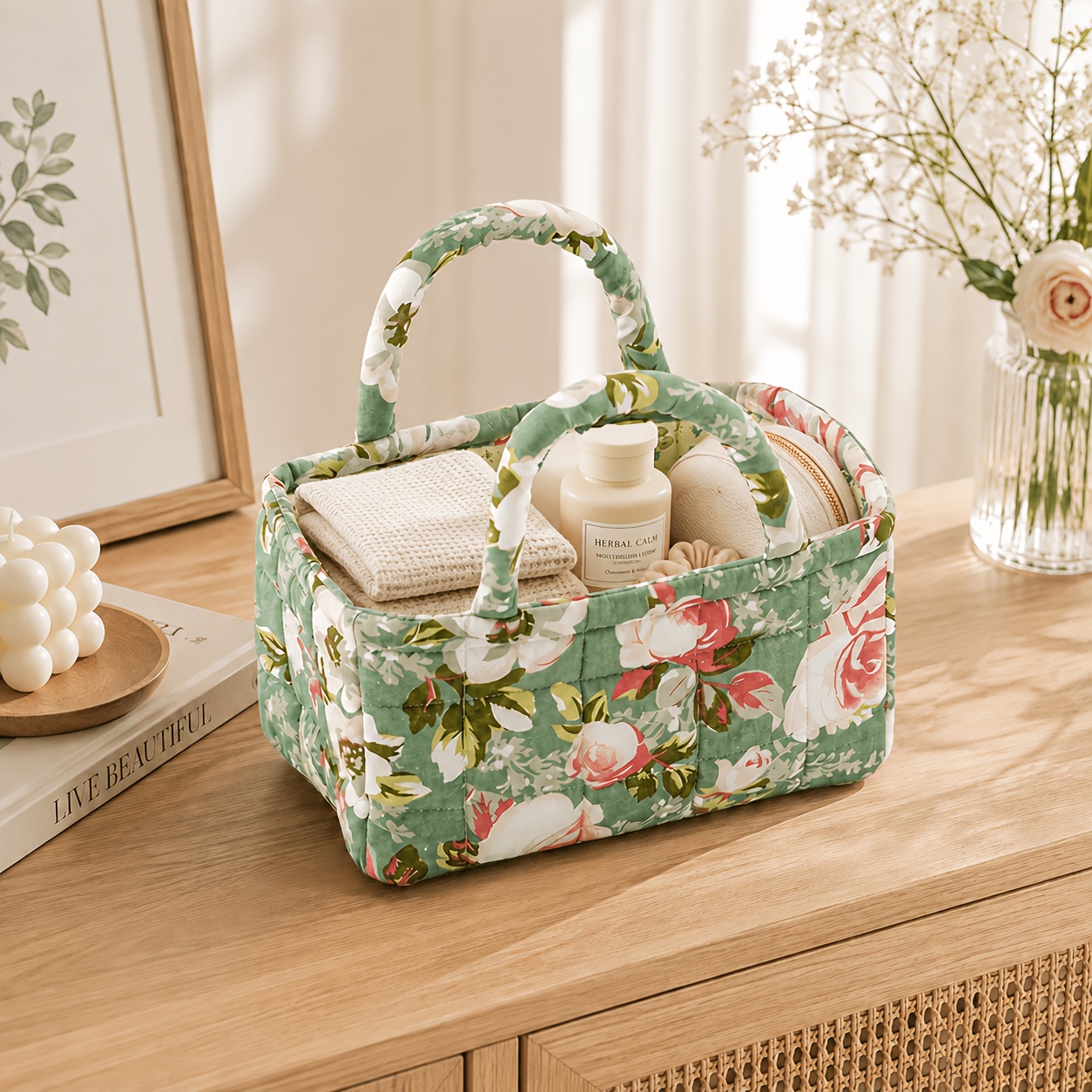 TEMU Floral Fabric Storage Basket With Handle, Quilted Organizer, Suitable For Bedroom, Bathroom, Closet, And Shelf, Portable Clothing And Cosmetic